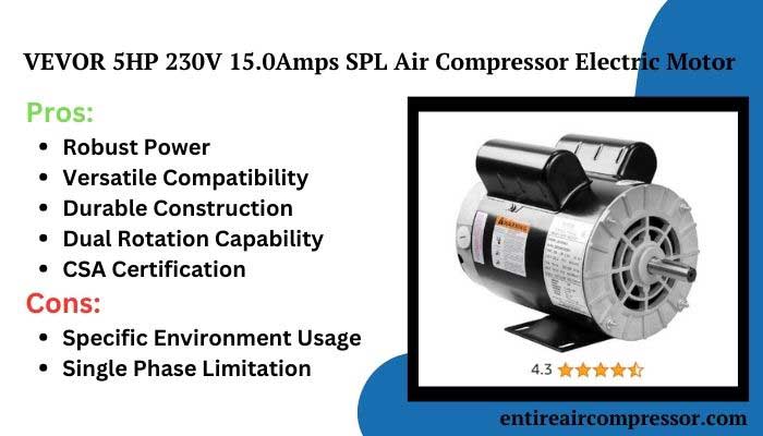 VEVOR 5HP 230V 15.0Amps SPL Air Compressor Electric Motor